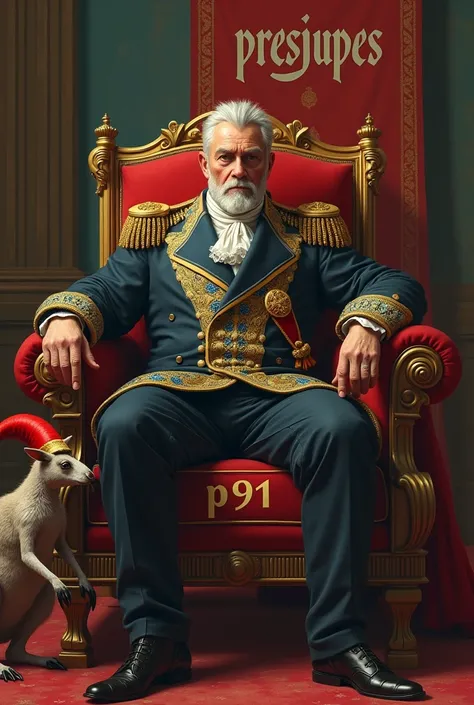 Create me a napoleon-esq in emperor attire picture with short grey hair & beard.  Add the text “PresJupes” in a banner in the background and a kangaroo jester included in the image and “P91” written on a throne. Make him look middle aged