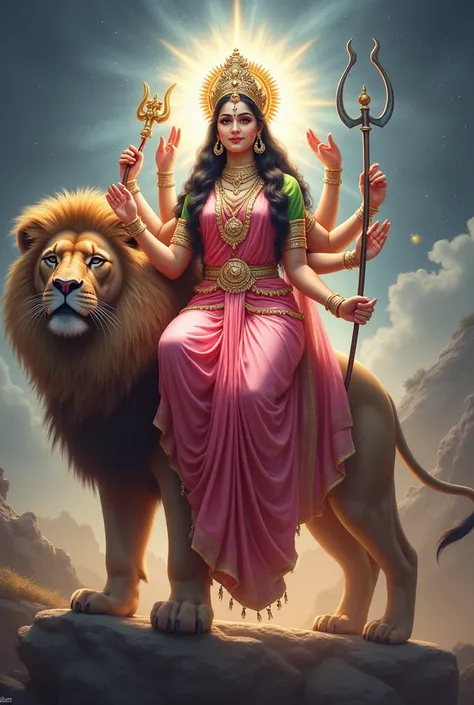 Durga maa  sitting on lion , Lions surrounding, wearing pink devine saree and pink blouse . Devine looks, . Blessing from hand in trident