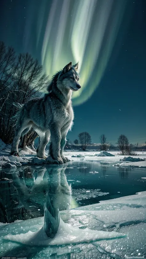 "A mythical hybrid creature blending the frozen majesty of ice with the vitality of water and grass. Its sleek, wolf-like form is adorned with crystalline ice armor, shimmering in shades of aquamarine and emerald green. Frost-covered vines intertwine acros...