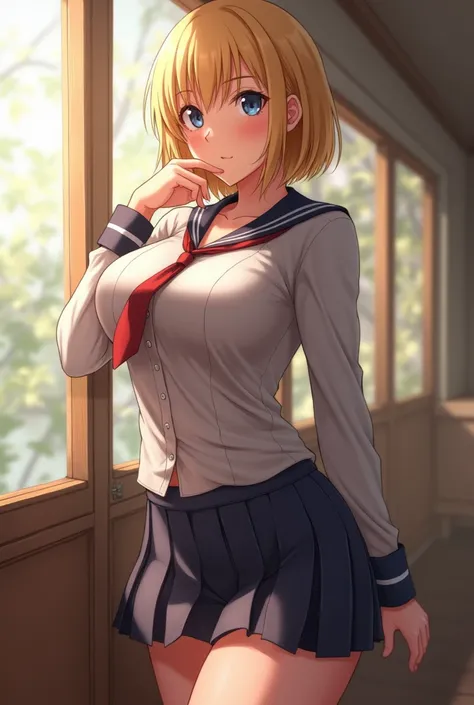  1 girl in uniform,  Big Breasts ,  Blonde,  bob hair, and blushing ,  Dutch angle ,  anime style, 
Naked busty tanned gal