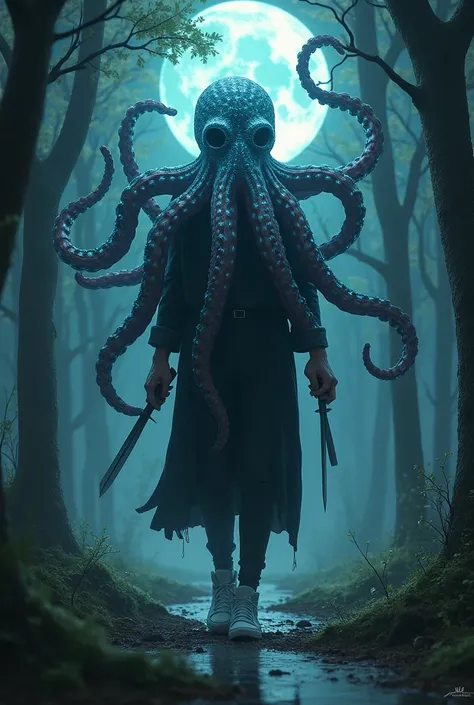 A humanoid creature, Octavus, emerges from the shadows of the mystical forest, its octopus head adorned with glowing bioluminescent markings. Tentacles slither out of its neck, entwining around trees as it walks. The human body beneath is dressed in dark a...