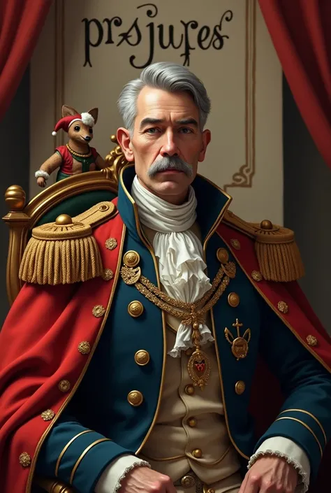 Create me a napoleon-esq in emperor attire picture with short grey hair & beard.  Add the text “PresJupes” in a banner in the background and a kangaroo jester included in the image and “P91” written on a throne. Make him look younger