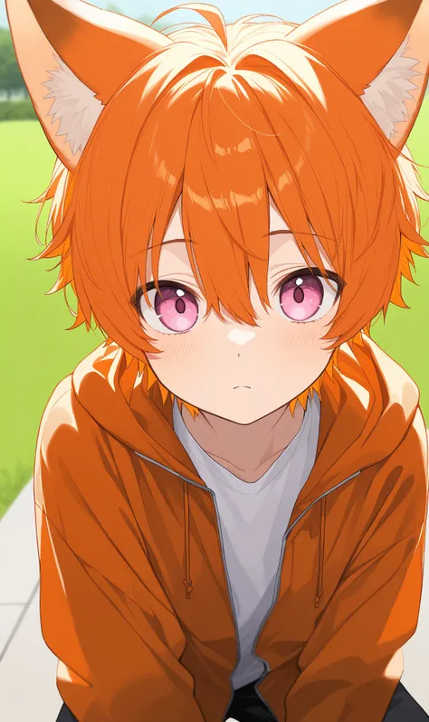 1boy,Pink Eyes, Fox Ears, Depth Of Field,orange hair,white ends of hair,muliticolored hair,looking at viewer,cute boy,white shirt,orange and black jacket,park background,green grass, Anime, Anime Style,13year old boy, 