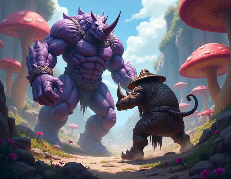 Violet full-length Stone-Golem fighting a Anthropomorphic-Rhino titan in a hat, battle to the death, In the background there is a mushroom gorge, a detailed cross-section illustration --style raw --stylize 350
