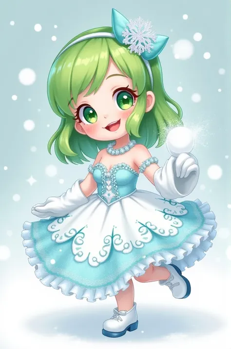 For a white and silver dress with a snowflake pattern as a wing decoration or shiny accessory
A 2D cartoon girl with green hair wearing a cute item that makes you imagine holding a snowball