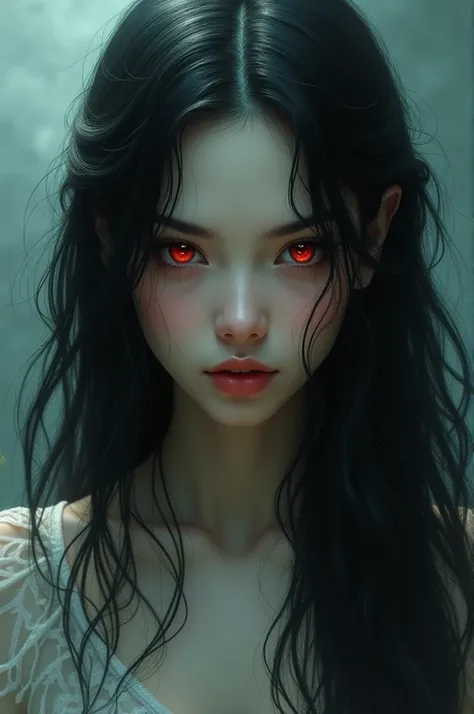 Beautiful woman with long black hair, red eyes 