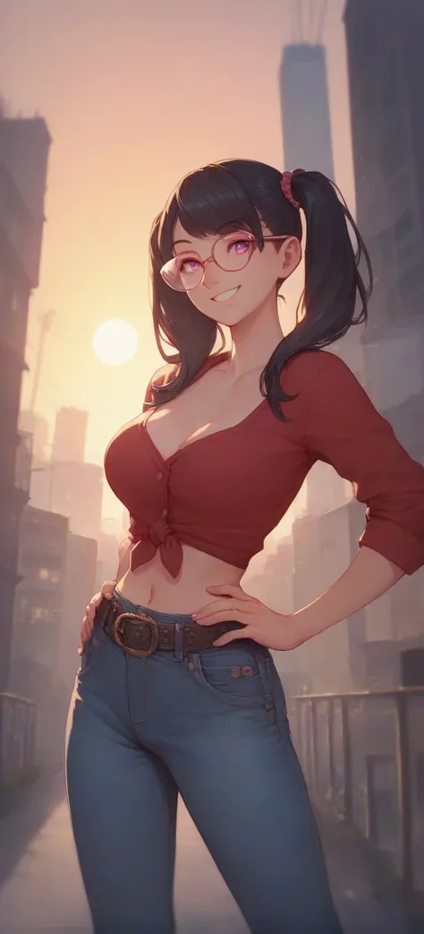 1girl, Solo, High Resolution, Black Hair, Twintails, pink eyes, red bikini top, jeans, belt, navile, mediume breast, hands on hip, smile, sun glasses, evening, city
