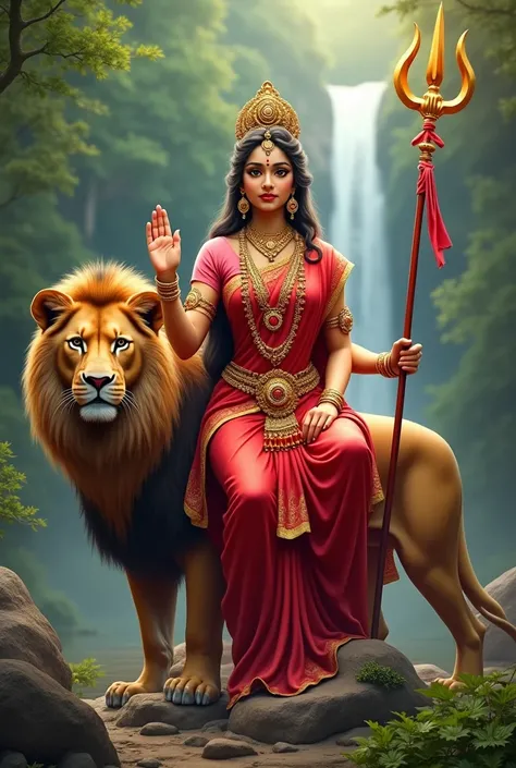 Durga maa  sitting on lion , Lions surrounding, wearing red devine saree and pink blouse . Devine looks, . Blessing from hand in trident backgound river forest