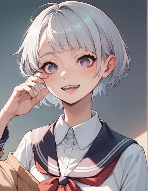 (masterpiece, best quality, ultra detailed,detailed face, 4K)1girl,solo, silver hair, short hair, sharp eyes, boyish girl, school uniform, pants style,anime-style, 