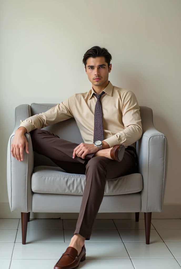 Un très beau jeune homme séduisant et charismatique à la peau blanche, cheveux noirs attaché avec soin bien, il porte une chemise manches longues beige, rentrée dans un marron chocolat, cravate à motifs carreaux il porte des mocassins marron . Il est vautr...