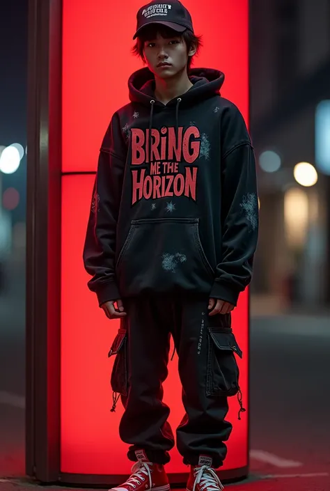 a 25 year old Japanese man wearing a black truckersnap hat, wearing a worn black hoodie with a picture of the band Bring Me the Horizon in death metal font wearing cargo wearing converse red shoes, standing pose on a red light pole, color tones