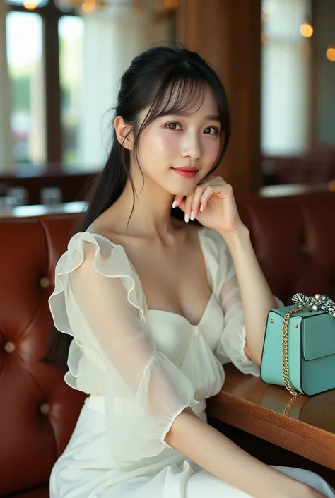 TA highly detailed, photorealistic image of a young East-Asian woman ,16years old,with bangs seated elegantly in a cozy, upscale café or restaurant. She is dressed in a refined, semi-sheer white blouse with puffed sleeves that add a soft, feminine charm to...