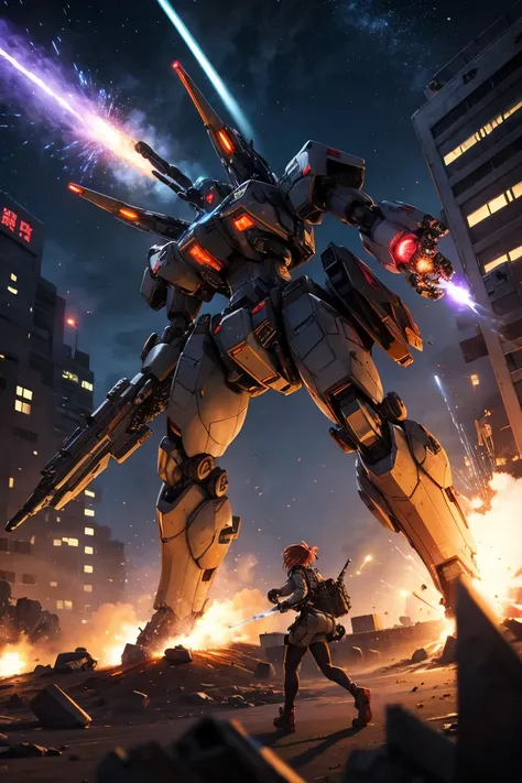 A female mecha unit firing a barrage of missiles within a city