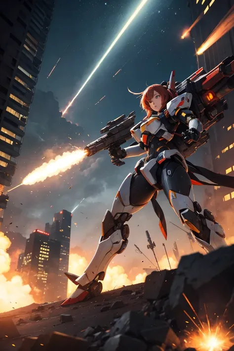 A female mecha unit firing a barrage of missiles within a city