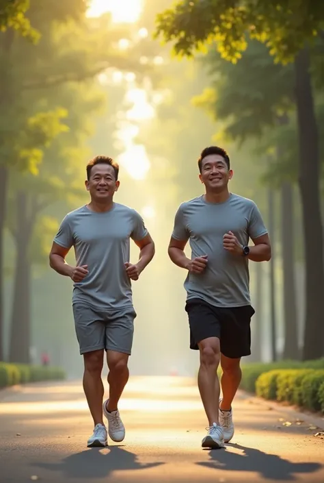 Mens pair of women ,  30 years old ,  vietnamese ,  shorts , T-Shirt ,  morning walk forging fitness