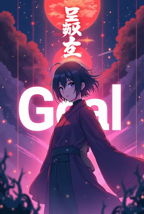  create photo presentation of a personal authors song release in Japanese style with song formation as in anime openning.  in purple . format 3 :4.  song title “goal” 