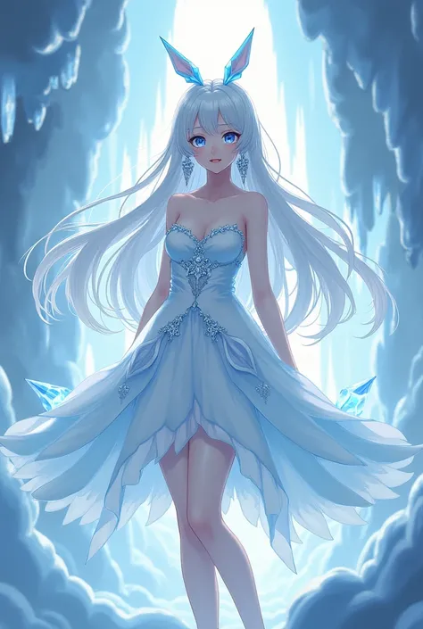 Anime the girl has long white hair and clear blue eyes, wearing a feminine ice witch dress without a witchs hat, big breasts, snow-white skin, holding an ice staff behind her back, looking straight at her. screen, standing in an imaginary house in the clou...