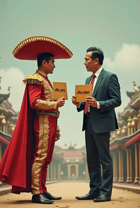  Jokowi in a matador costume holds a board with the inscription  " OFFICER_PARTY ",  Prabowo next to him wearing a neat suit and holding a board with the inscription " OFFICER_jokowi"