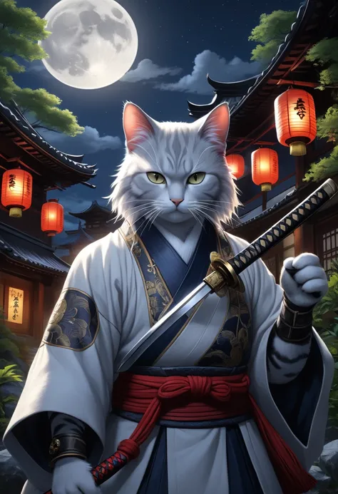 A anthropomorphic silver norvegian cat with beautiful fur samurai [Himura Kenshin:Takeru Satoh:0.1], detailed face, detailed hair, with a content face, katana sword, watch full caution, in insanely intricate detailed scene background, night lighting with l...