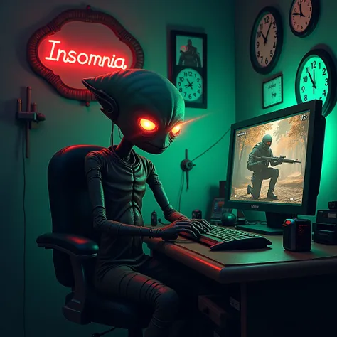  a sleepy humanoid allien with eyes with red rays sitting on an addicted computer  , Full of clocks on one wall and a neon saying insomnia .   on the other wall a green neon saying Counterstrike2 Community or CS2 Community . On the computer table a butterf...