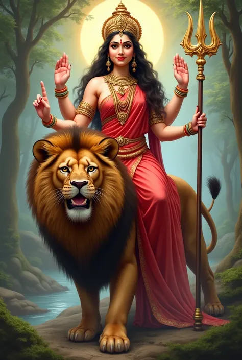 Durga maa  sitting on lion,  surrounding, wearing red devine saree and pink blouse . Devine looks, . Blessing from hand in trident backgound river forest