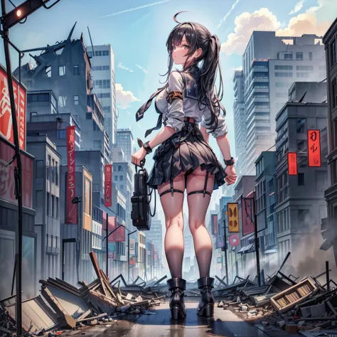 (( long black hair))　((((View from the sky, butt facing back))) ｊComposition seen from below ((tall high school girl)) School uniform Navy blue skirt Tie (cloudy) ((grayish sky)) Masterpiece Anime style Delicate painting 4K 90s Giant Crowd ((Battlefield)) ...