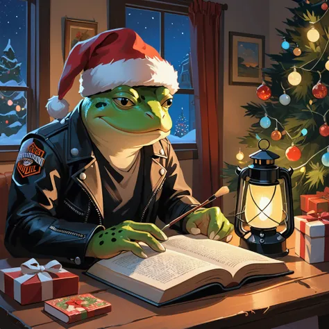 Closeup, an extremely badass anthropomorphic light blue and white bullfrog wearing an insanely cool black leather Harley Davidson biker jacket open, Santa hat, black shirt, black leather biker gloves, black leather biker pants, sitting at the table, readin...