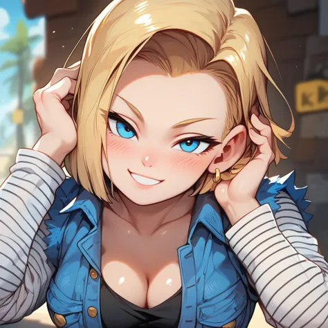 score_9, score_8_up, score_8, medium breasts, (curvy), cute, eyelashes,      ,,,  zzAndroid18, blue eyes, blonde hair, short hair, jacket, denim, denim jacket, jewelry, earrings, long sleeves, shirt, skirt, belt, stripes, 
(leaning forward, head tilt), blu...