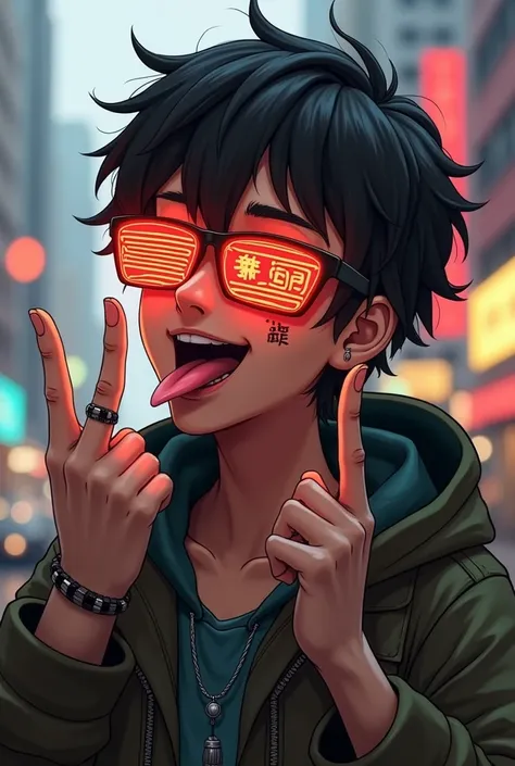 Young male, head tilted, sticking up middle finger on both hands, tongue sticking out, inspired by wrench from watch dogs 2.
*Name: Teng Teng  Beo-Dihyuan
Nickname: TBD

Background:
- Origin: Raised in the chaotic streets of Hong Kong, he grew up amidst th...