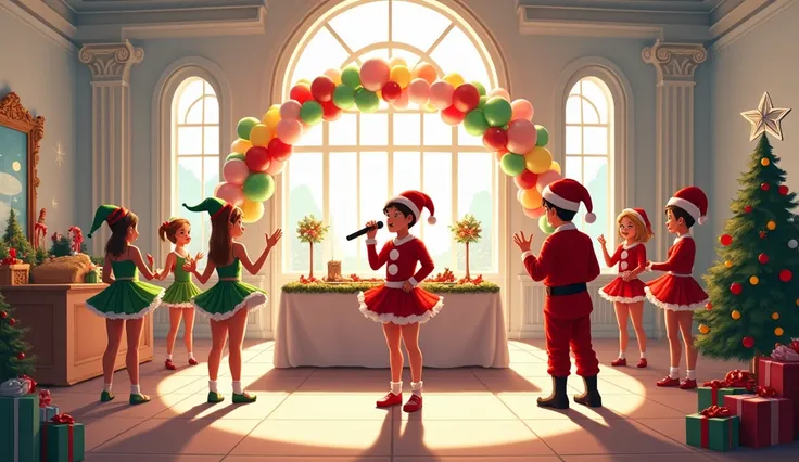  A large room with a decorated Christmas table ,  behind the table is an arc of balloons with Christmas motifs ,  the walls of the room are white .  There is a birth of the baby Jesus on a console . 
 There is a group of young people dressed as elves , San...