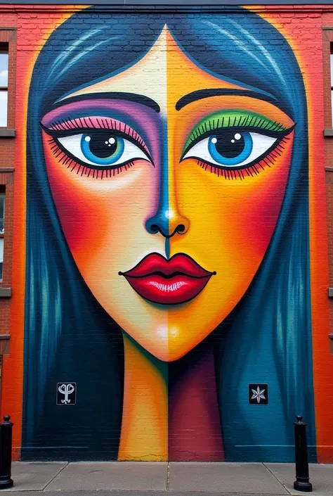 : a colorful face on the side of a brick building, by Elizabeth Murray, face centered portrait, inspired by Elizabeth Murray, detailed symmetrical faces, ceramic looking face, colorful character faces, stylized face, portrait of a womans face, by Laurel Bu...