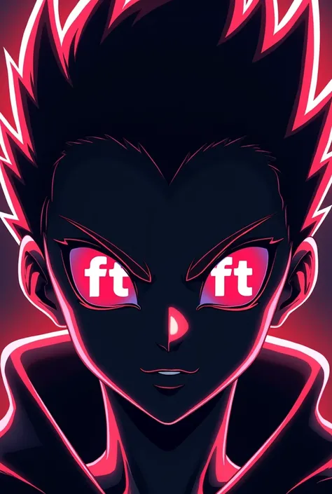 Create a striking anime-inspired logo featuring a face looking directly at the viewer. The eyes should prominently display the letters FT within them, as if they are reflected in the eyes. The design should have high contrast, with bold and dynamic element...