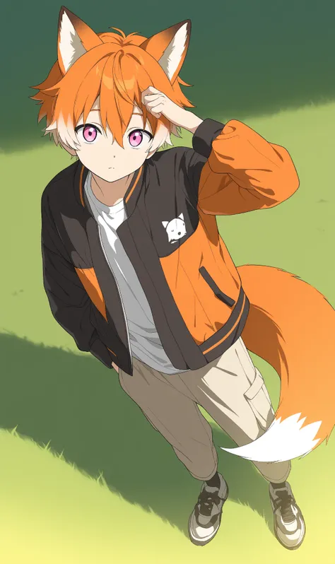 1boy,Pink Eyes, Fox Ears,orange hair,white ends of hair,muliticolored hair,looking at viewer,cute boy,white shirt,orange and black jacket,park background,green grass, Anime, Anime Style,13year old boy, full body,wolf tail