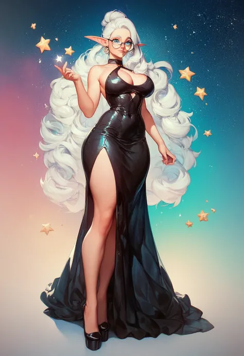 16k, massive Details, (())), High elf  ,  long white hair,  blue eyes  , 5 fingers per hand  , a black sparkling tight dress ,  round large glasses glasses ,( perfect body),  freckles , stars background ,  black high heels