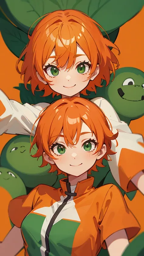  orange clothes 、 orange hair、 short haired 、Beautiful green eyes、wicked smile、 upper body closeup without left arm