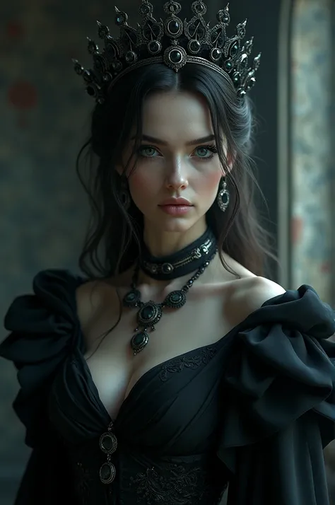 a dark evil princess, dramatic fantasy portrait, highly detailed face, piercing eyes, regal jewelry, luxurious dress, dark gothic style, dramatic lighting, moody color palette, cinematic composition, (best quality,4k,8k,highres,masterpiece:1.2),ultra-detai...