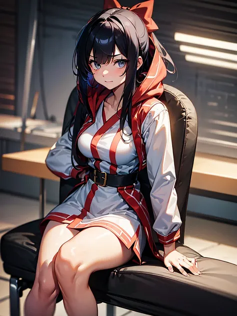 (​masterpiece, top-quality, hight resolution, Unity 8k, extremely details CG:1, Best Picture), (a woman in an adult film shoot, Adult Film Actress), nakorurums, ((ribbon)), 1girl, Upper body, A delinquent teenage girl casually sitting on a chair in a brigh...