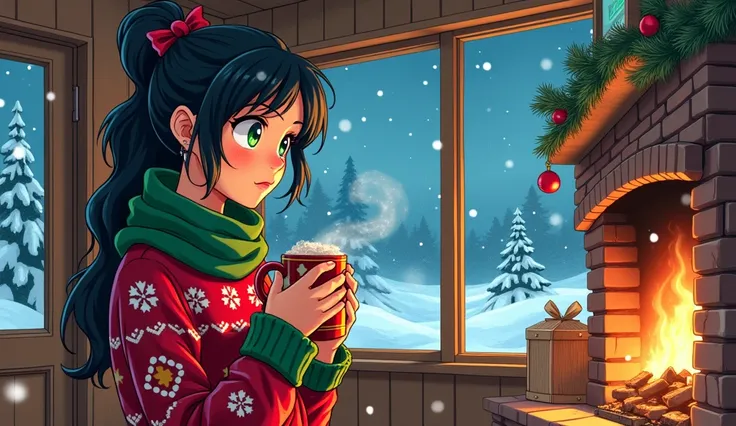 manga style A young woman, dressed in a red and green sweater with snowflake patterns, stands inside her cozy cabin by the fireplace on Christmas Eve, looking out into the winter wonderland filled with freshly fallen snow while sipping hot cocoa from a mug...