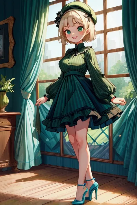 (masterpiece, best quality) 1 girl (Landscape: standing, indoor, intricate detail, sunlight) (Outfit: black and green frilly striped dress long sleeves, blue short sleeve t-shirt over the dress, high heels, beret) (Body: white blonde short hair, green eyes...