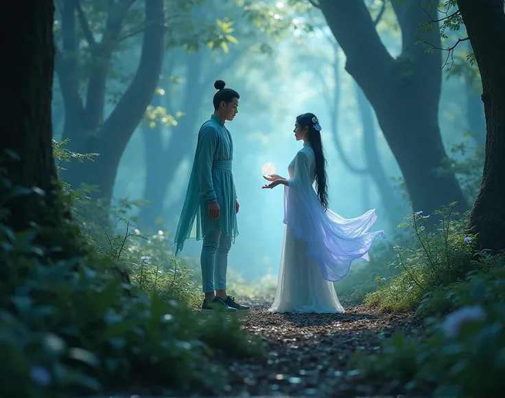 A magical forest filled with mist and glowing energy. Hóng Fēng is learning to control his powers under the watchful eyes of Bai Ling. Her ethereal aura and the soft glow surrounding them make the forest feel alive with magic.