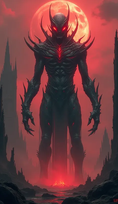 "A massive, ominous alien with a body resembling dark, cracked stone and deep, glowing veins of fiery orange. Its form is both humanoid and machine-like, but it feels organic, with twisted spires of bone protruding from its back like a living cathedral. It...