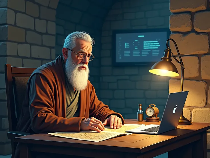 Hyper-realistic digital illustration, The elderly prophet seated at a table, illuminated by a modern lamp. On the table lies an ancient map alongside a glowing laptop. Texts of prophecies float in the air, with stone walls mixed with holographic screens in...