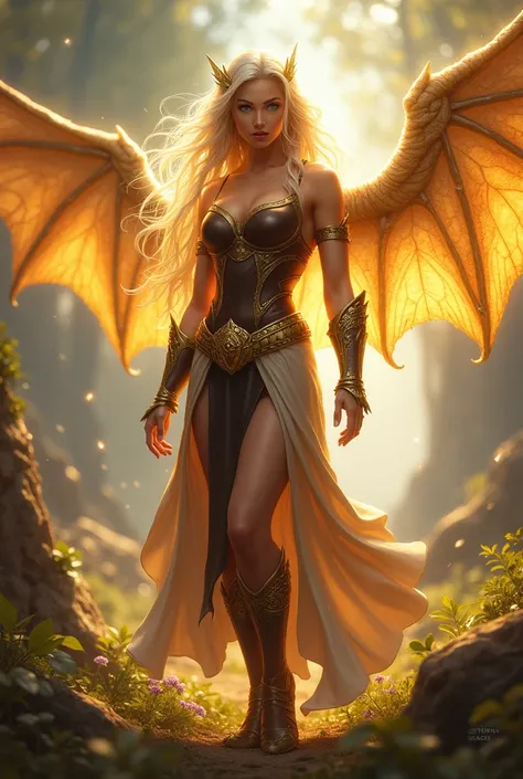 Human, female, white-hot skin, long blonde hair, tall, blue eyes, large breast, stand a little to the side, dark brown skinny leather armor, dark brown skirt, gold belt, gold sandal, gold hair ornament, golden dragon wings on the back, in the background na...