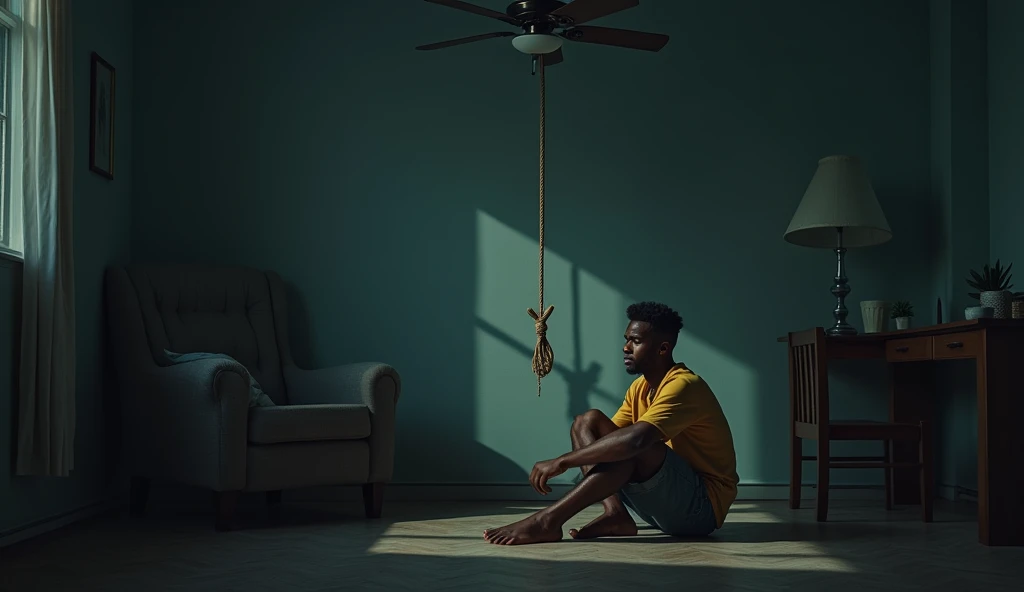 A dimly lit living room with a rope tied to a ceiling fan, casting a haunting shadow on the walls, and a young African man sitting on the floor in despair. The face of the man should be detectable and the living room should not be empty. The image should a...