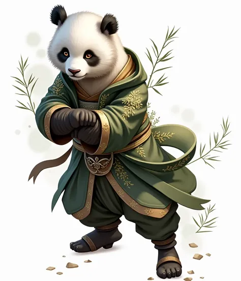 This is an artistic depiction of a panda dressed in intricate, oriental-inspired attire with elements of martial arts or monk-like aesthetics. The outfit features a detailed design with a green, gold, and brown color palette, adorned with bamboo leaves and...