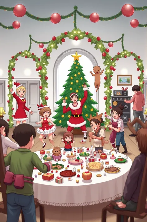  A large room with a decorated Christmas table ,  behind the table is an arc of balloons with Christmas motifs ,  the walls of the room are white adorned with garlands .  There is a birth of the baby Jesus on a console . 
 There are two girls disguised as ...