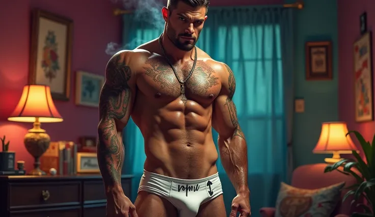 Create a handsome male character, high-rise, lean and muscular, tattoo ofan arrow pointing down to his manhood tattoo on his belly with the big penis that marks the volume in the white underwear with "phil" written on the crotch, your sweaty body, evil and...