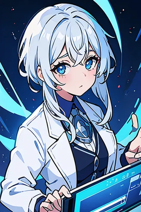  Silver Hair, blue eyes,Lab coat,Researcher,woman