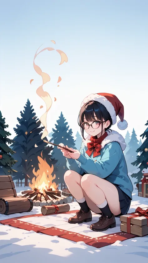 Black hair, glasses, bonfire, girl warming up by bonfire