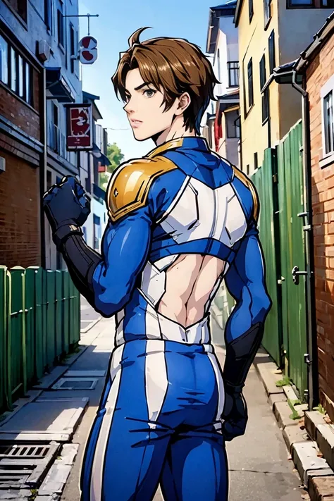  ( top quality),Back Alley, Beautiful Sexy Young Hero , shiny hero suit, 18 years old,  toned and muscular , Long bangs , Hair long enough to hide one eye